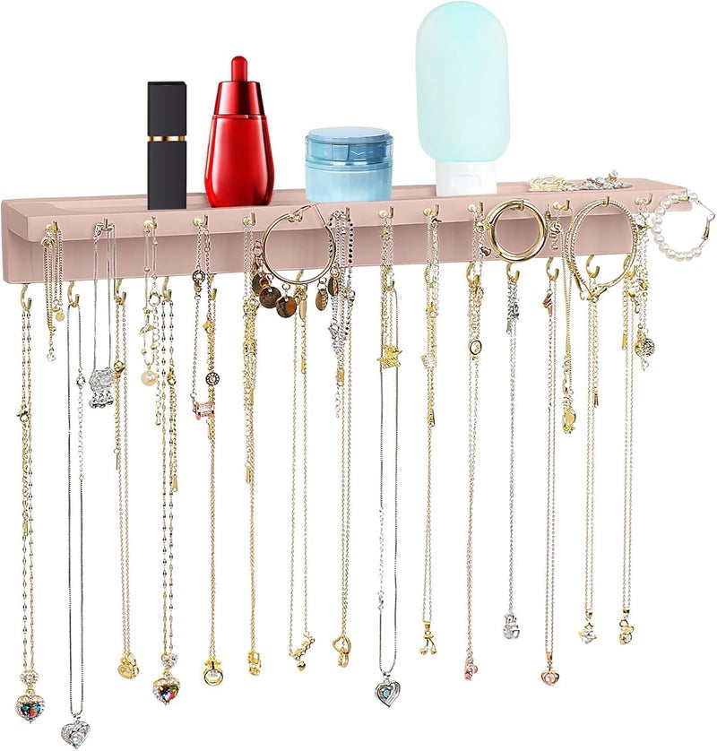 YYILIS Necklace Holder, Upgraded Extra Large Wall Necklace Organizer with 30 Hooks Wall Mounted Necklace Hanger with Jewelry Tray/Cosmetics Shelf Rustic Pine Wood Holder (Pink) - Image 1